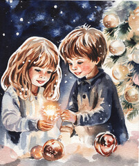 boy and girl have fun near Christmas tree and flashing lights, lay on floor playing with decorations and toys, watercolor illustration