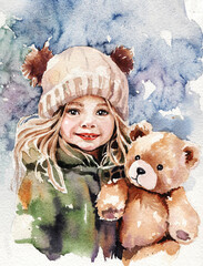 Little girl with toy bear on light background, watercolor illustration