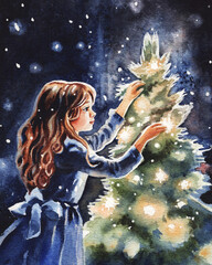 Watercolor Illustration of cute little girl decorates Christmas tree with ball
