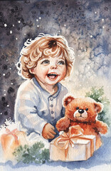 Baby with Teddy bear in hands on Christmas background. Xmas holiday concept. watercolor illustration