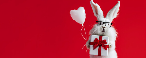 Stylish white bunny in sunglasses, holding a balloon and gift box with red ribbon. Versatile card for Valentine's, Mother's Day, New Year, and birthdays - obrazy, fototapety, plakaty