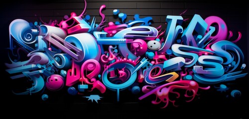 An electric neon light graffiti design with a cosmic theme in shades of pink and blue on a 3D wall texture