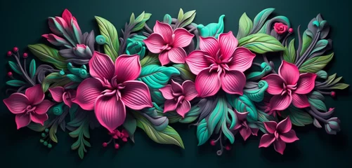 Tuinposter An eye-catching neon light graffiti design with floral motifs in pink and green on a 3D wall texture © Lucifer