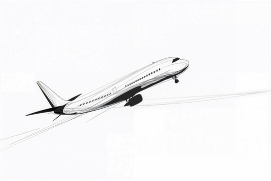 Minimalist drawing of an airplane taking off on a white background, black and white.