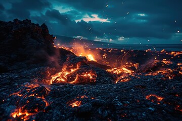 An ethereal landscape of glowing fire embers against the night sky, each ember a beacon of warmth and mystery, flickering and fading into the darkness. - obrazy, fototapety, plakaty