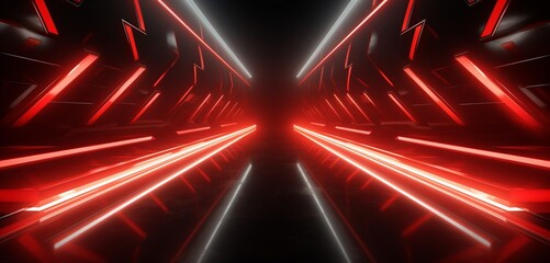 Dynamic neon light design with a series of red and silver arrows on a directional 3D texture