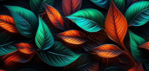 Dynamic neon light design with a pattern of green and orange leaves on a natural 3D textured surface