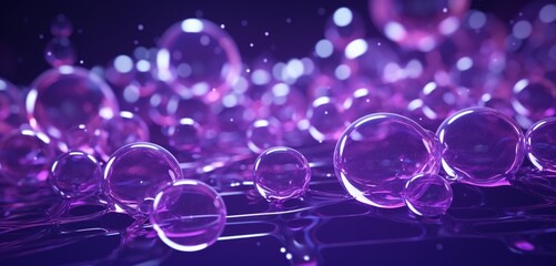 Dynamic neon light design with a cascade of purple and white bubbles on a bubbly 3D surface