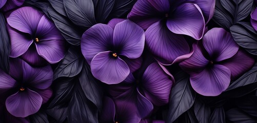 Enigmatic tropical floral pattern with ebony black pansies on a beveled 3D wall texture - obrazy, fototapety, plakaty