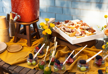 Backyard barbeque party at summer, elegant decoration, luxury catering