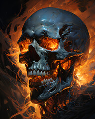 Glowing halloween skull in fire flames fantasy art - obrazy, fototapety, plakaty