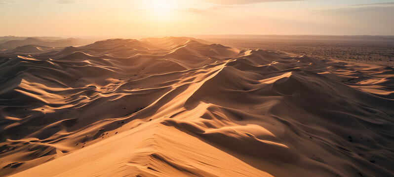 Aerial view of a desert during sunset, Drone shot of a dune, artificial intelligence