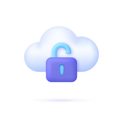3D Cloud Protection icon. Safe online storage. Cloud security concept. Opened padlock. Data storage. Technology concept.