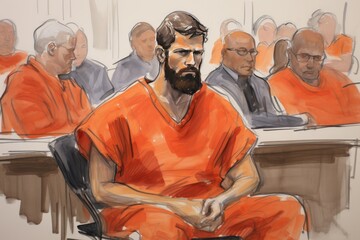 Courtroom Sketch of Defendant in Orange Jumpsuit with Jury in Background - obrazy, fototapety, plakaty