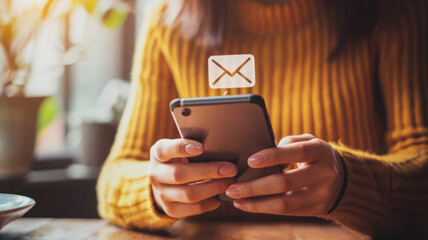 A woman is handling a smartphone, with an email alert icon raised. The concept emphasizes the importance of online communication. - obrazy, fototapety, plakaty