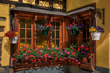 Fototapeta na wymiar Ornate window with blooming flowers on a traditional half timbered house in Ribeauville, France, a popular village on the Alsatian Wine Route