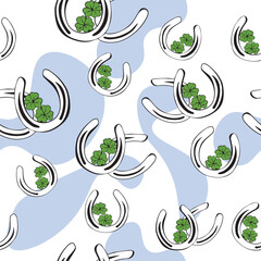 Seamless pattern horseshoes and four-leaf clover for good luck. lucky clover and horseshoe or Patrick's day. St Patrick's Day bright horseshoe clover Irish lucky green vintage icon vector