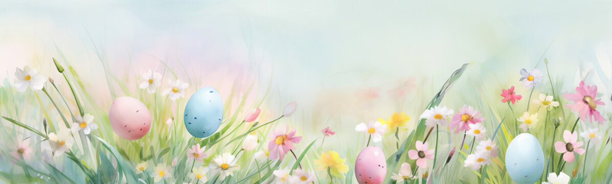 An image with a watercolor style of Easter eggs in a meadow.