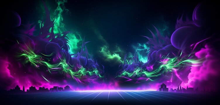 Luminous neon light graffiti with a display of purple and green auroras on a night sky 3D texture