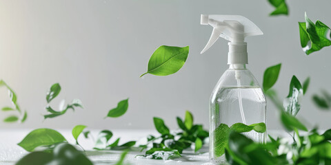 eco bio organic natural cleaning spray bottle with transparent liquid water and  green leaves on gray minimalistic background, banner with copy space - obrazy, fototapety, plakaty