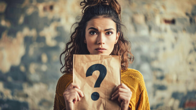 A perplexed woman is contemplating while holding a paper bag with a question mark icon, providing space for additional information.
