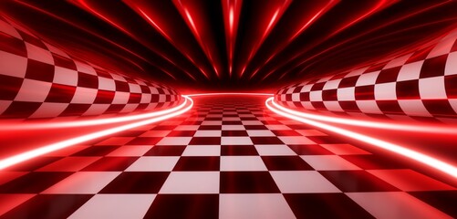 Mesmerizing neon light design showcasing a dark red and white checkerboard pattern on a checkered 3D background - obrazy, fototapety, plakaty
