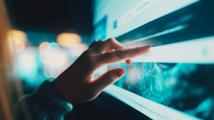 A woman's finger clicks on a touch-sensitive screen, exploring internet data. The concept of data networking and browsing. - obrazy, fototapety, plakaty