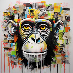 Ape graffiti on the wall news papers style, grunge punk vintage background