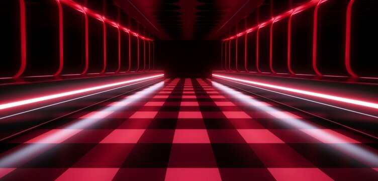 Mesmerizing neon light design showcasing a dark red and white checkerboard pattern on a checkered 3D background