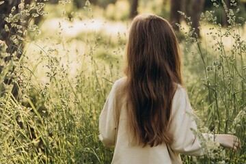 portrait of a cute smiling girl with beautiful hair posing for a photo in the middle of tall grass in a coniferous forest at sunset © Максим Галінский