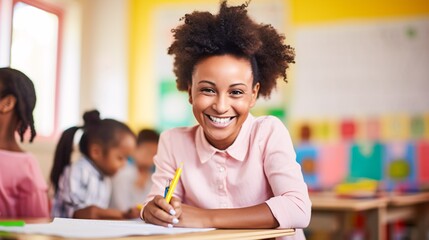 Confident black female preschool educator happily documenting at kindergarten.