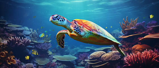 Fototapeta na wymiar A graceful sea turtle swimming