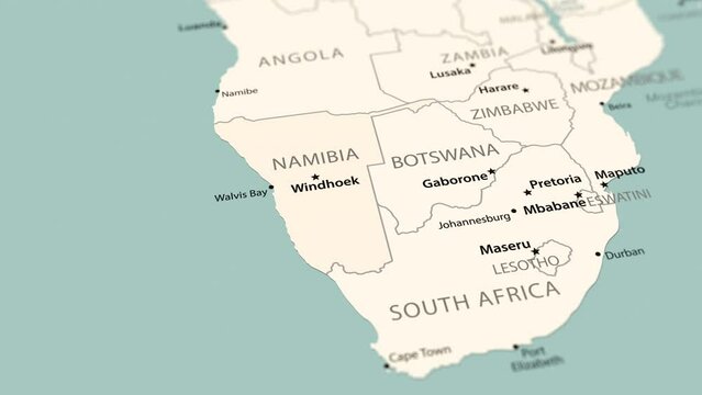 Namibia on the world map. Smooth map rotation. 4K animation.