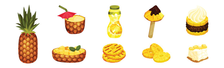 Bright Pineapple Fruit Sweet Dessert and Food Vector Set
