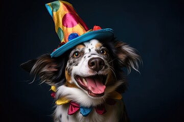 funny dog in a clown hat, April Fool, circus performer, trained animal, wide smile and laughter