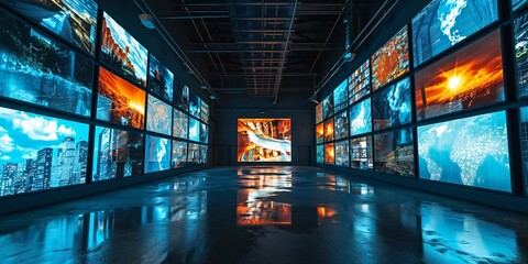 A diverse video display of television broadcasts on multiple screens.