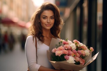A happy worker woman holds flowers in his hands on the background of a shop window