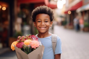 A happy worker african american child boy holds flowers in his hands on the background of a shop window