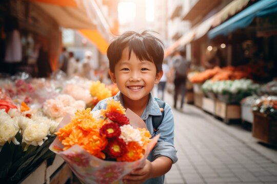 A happy worker asian child boy holds flowers in his hands on the background of a shop window