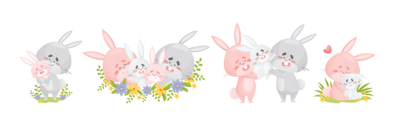 Rabbit Family with Bunny Mom and Dad Loving Their Cub Vector Set