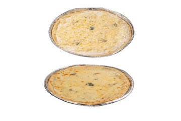 Four cheese pizza isolated on white background.