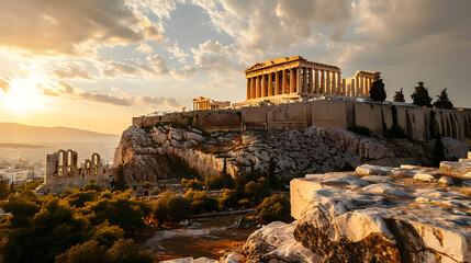 A photo of the Acropolis of Athens, with marble columns as the background, during a golden sunset