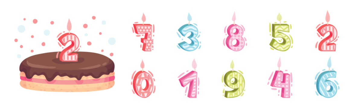 Birthday Number Wax Candle with Burning Light Vector Set