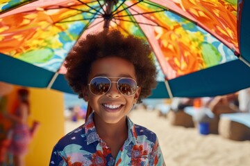 happy african american child boy on the beach in summer against the background of the sea or ocean and colorful umbrella
