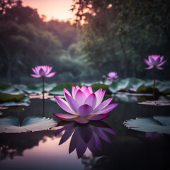 Deep purple and magenta hues with glowing lotus flowers and leaves, creating a mystical and serene atmosphere reminiscent of a tranquil pond
