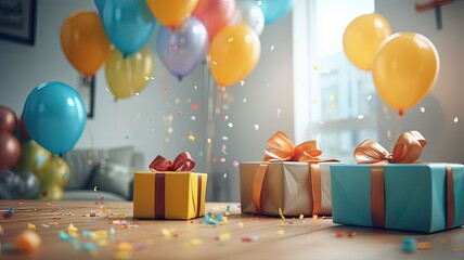 Horizontal AI illustration, living room with balloons, gifts and confetti. Father's day. Celebration