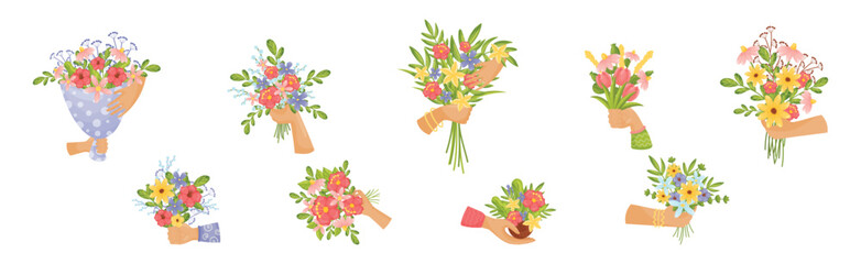 Hands Holding Bouquet of Blooming Flowers Vector Set