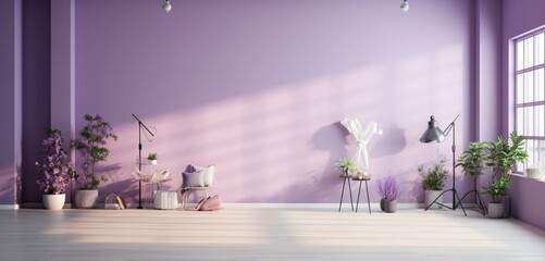 Photography studio with soft lavender walls, an array of floor lamps with diffusers creating a...