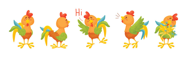 Funny Rooster or Cockerel Character in Different Pose Vector Set