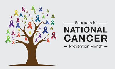 National Cancer Prevention Month Design. It features a tree symbol made of multiple color of cancer ribbon
Vector illustration.